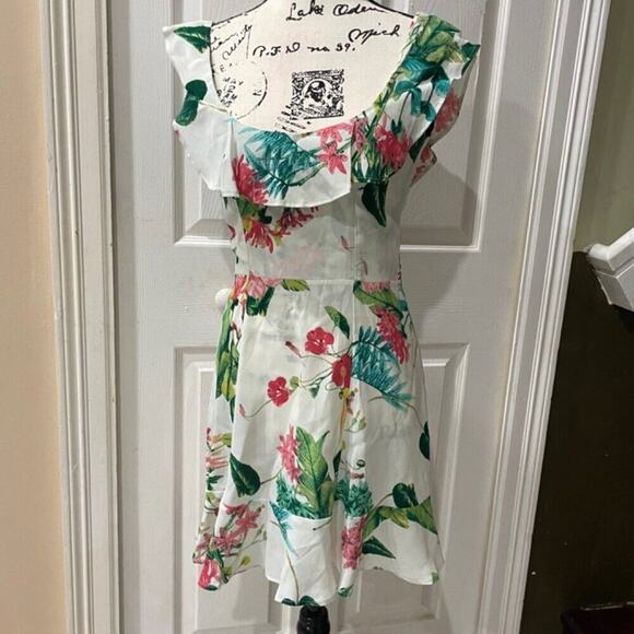 REFORMATION MINI DRESS PERLA RUFFLE SCOOP NECK TROPICAL FLORAL Sz 4 COCONUTGIRL - Picture 7 of 16